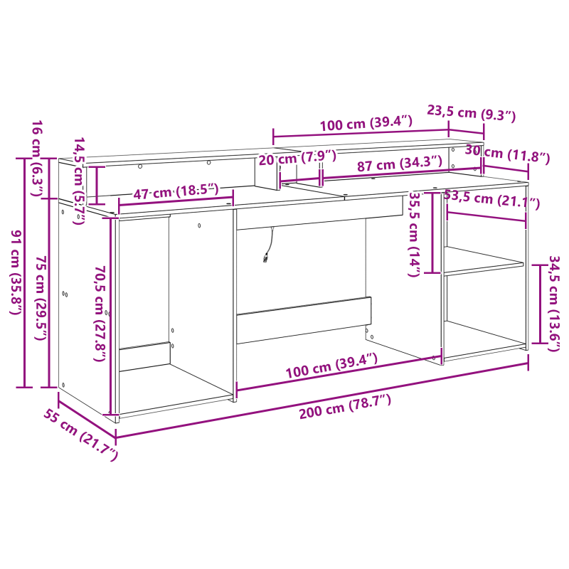 Schreibtisch Schwarz Eiche 200x55x91 cm Holzwerkstoff