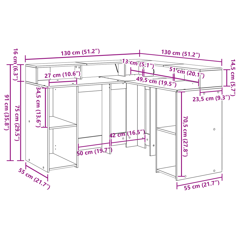 Schreibtisch Schwarz-Eiche 130x130x91 cm Holzwerkstoff
