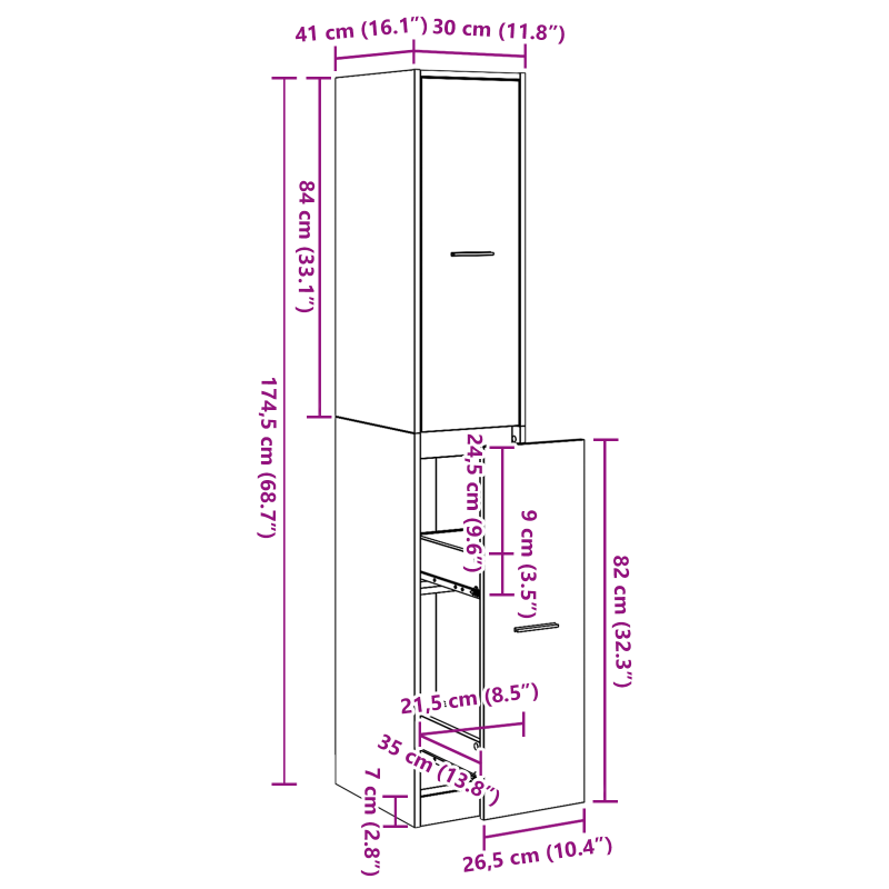 Apotheker-Schrank Schwarze Eiche 30x41x174,5 cm Spanplatte
