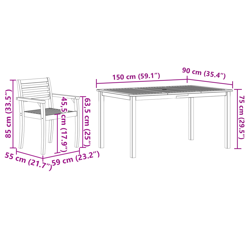5-teiliges Garten Essgruppe aus Massivholz Akazie