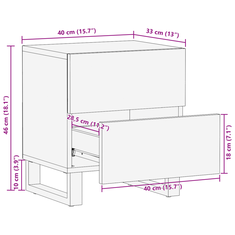 Nachttisch 40x33.5x46 cm aus Massivholz Mango und Spanplatte
