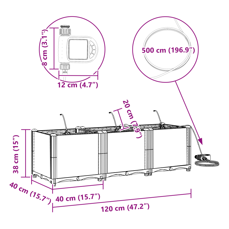 Gartenpflanzer mit Bewässerungssystem 3 Stück Hellgrau