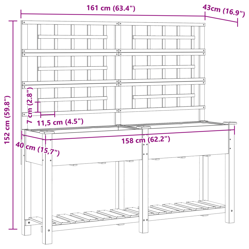 Gartenpflanzer mit Spalier und Regal 161x43x152 cm aus massivem Kiefernholz
