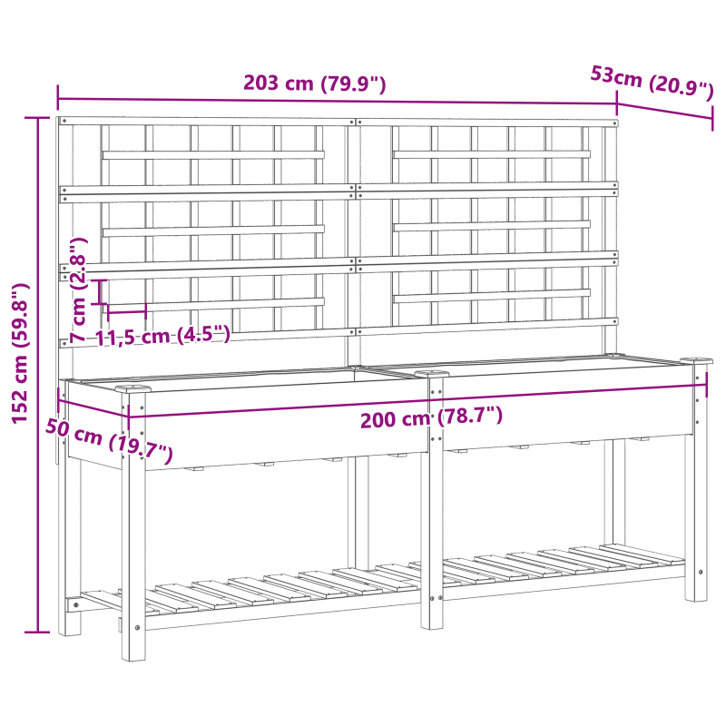 Gartenpflanzer mit Spalier und Regal 203x53x152 cm aus massivem Kiefernholz