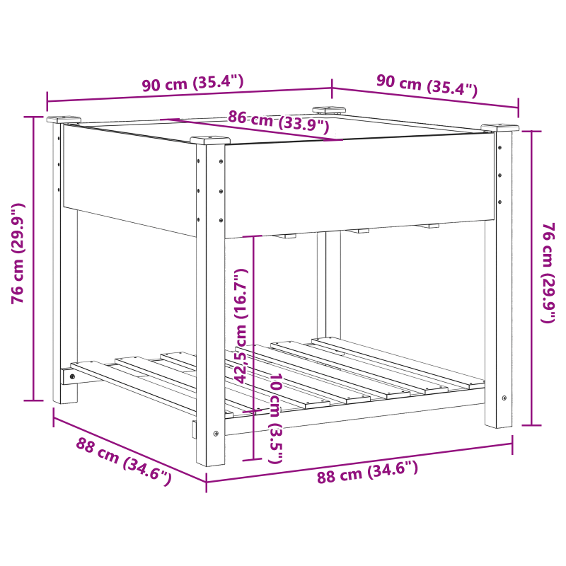Gartenpflanzer mit Regal 90x90x76 cm aus massivem Kiefernholz