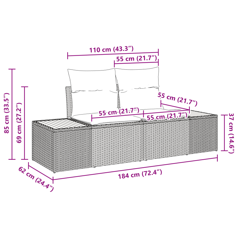 2-Sitzer Gartensofa mit Kissen Schwarz Poly Rattan
