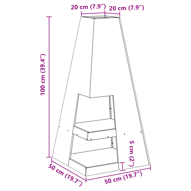 Feuerstelle mit Holzlager 50x50x100 cm Wetterstahl