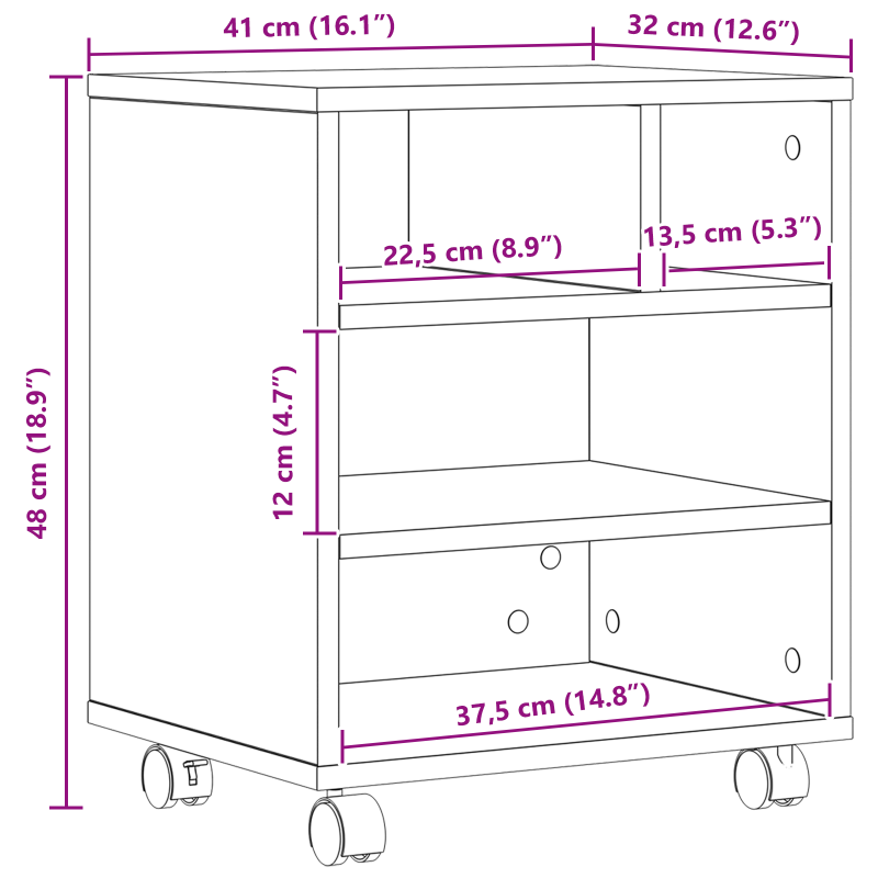 Druckerständer mit Rollen Alte Holz 41x32x48 cm