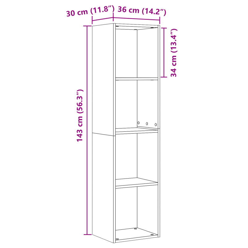 Bücherregal/Fernsehschrank Schwarze Eiche 36x30x143 cm