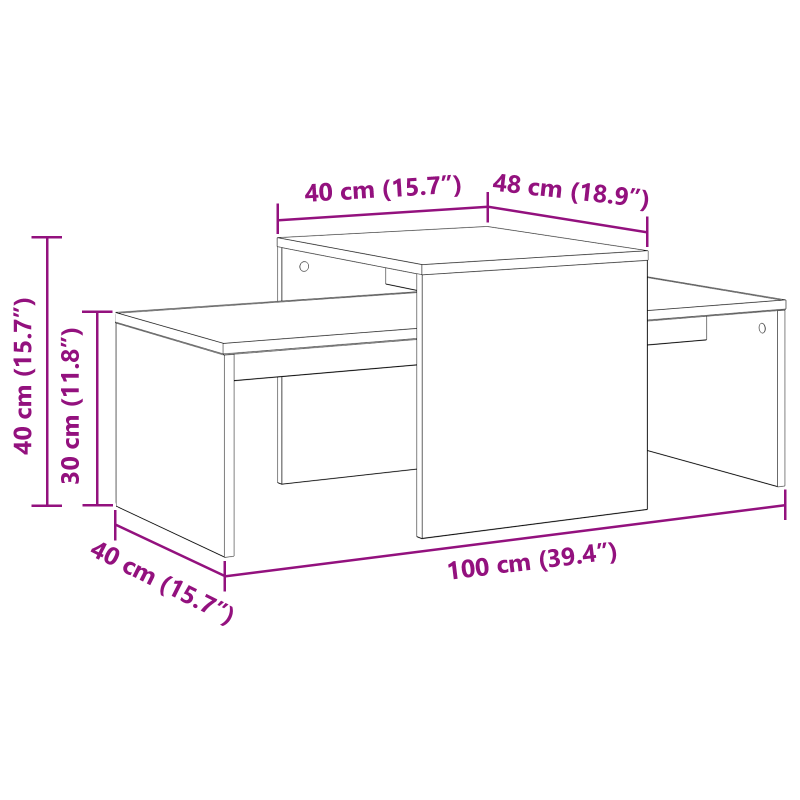 Beistelltischset aus schwarzem Eichenholz, 100x48x40 cm, Mehrschichtholz