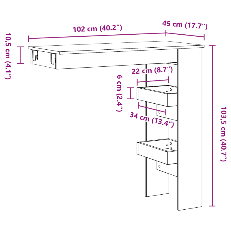Wand-Bar-Tisch - Schwarzes Eichenholz - 102x55x103,5 cm - Aus Holzwerkstoff gefertigt