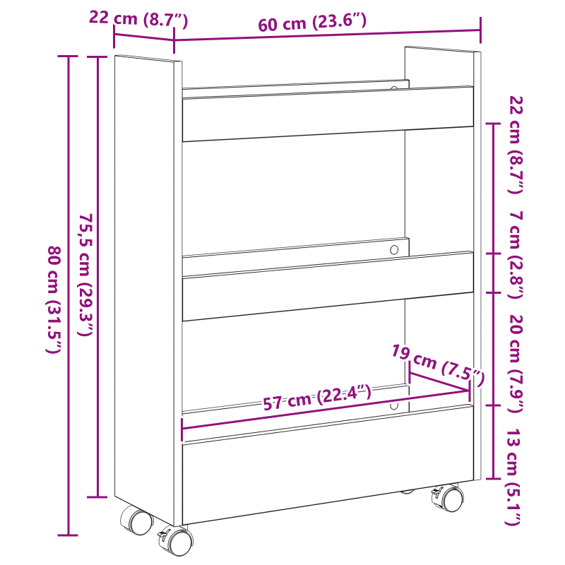 schmaler Aufbewahrungstrolley 3 Tier Schwarze Eiche Ingenieuholz
