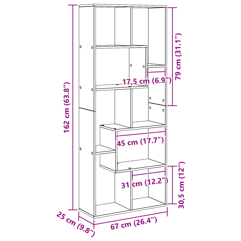 Raumteiler Bücherregal Schwarz Eiche 67x25x161.5 cm Holzwerkstoff