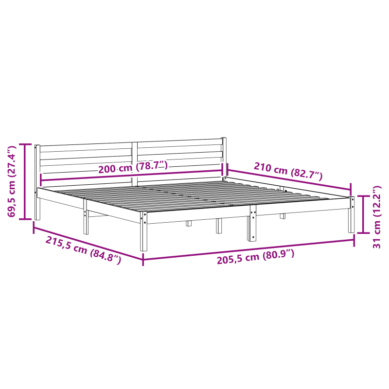 Bettgestell mit Kopfteil 200x210 cm aus massivem Kiefernholz