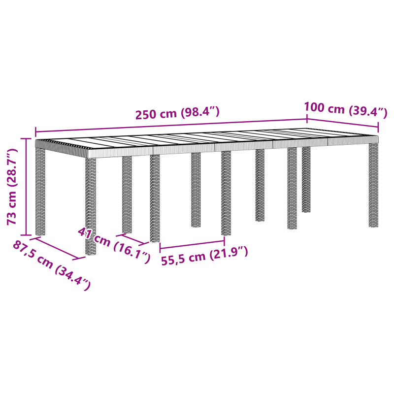 Gartentisch Weiß 250x100x73 cm Poly Rattan