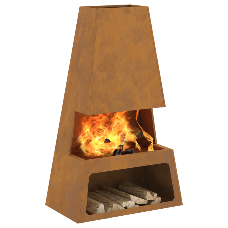 Feuerstelle mit Holzlager 60x35x100 cm Wetterfester Stahl